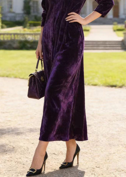 Purple V Neck Print Loose Velvet Dress Spring