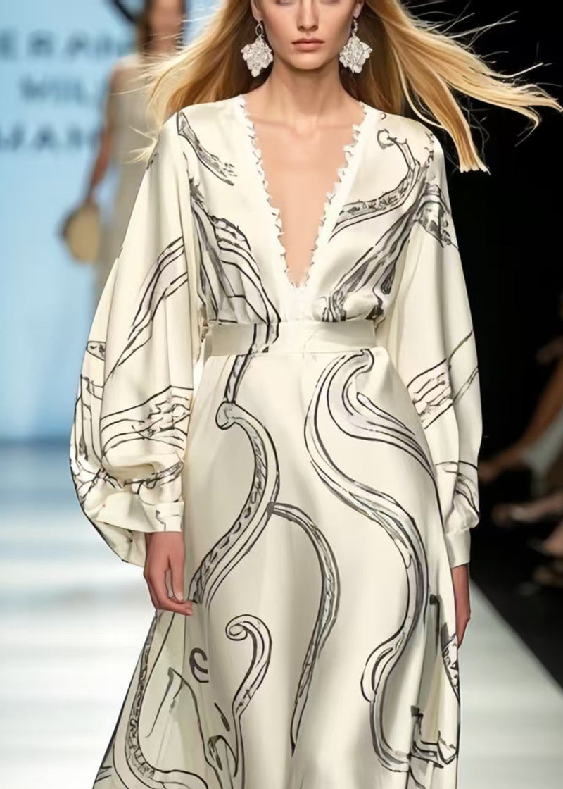 White Oversized Print Silk Vacation Dresses Spring
