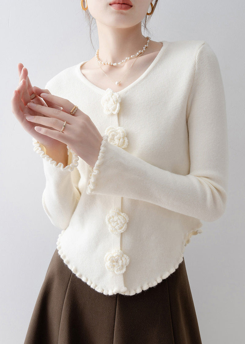 French Apricot Ruffled Knit Sweaters Flare Sleeve