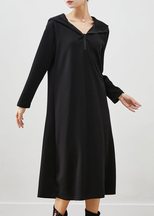 Black Hooded Zippered Cotton Sweatshirts Dress Spring