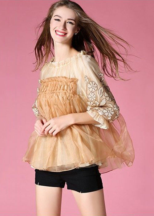 Yellow Embroidered Patchwork Tulle Shirt Top Spring