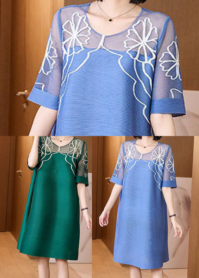 Light Blue Tulle Patchwork Silk Holiday Dress O-neck Short Sleeve