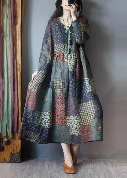 V Neck Wrinkled Patchwork Linen Maxi Dresses Long Sleeve