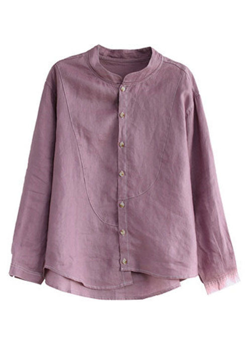 Navy Stand Collar Asymmetrical Patchwork Linen Shirt Top Long Sleeve