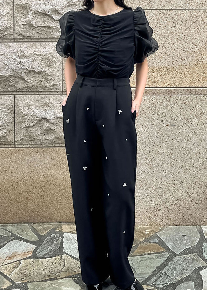 Black Puff Sleeve Wrinkled Cotton Tanks