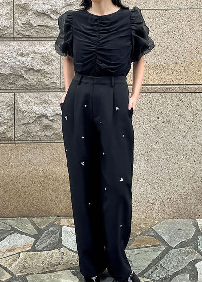 Black Puff Sleeve Wrinkled Cotton Tanks