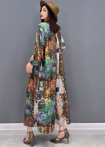 Colorblock V Neck Print Tie Waist Chiffon Holiday Dress Long Sleeve
