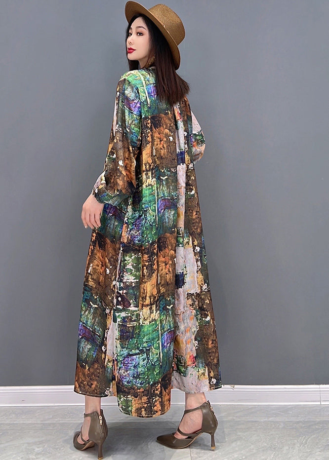 Colorblock V Neck Print Tie Waist Chiffon Holiday Dress Long Sleeve