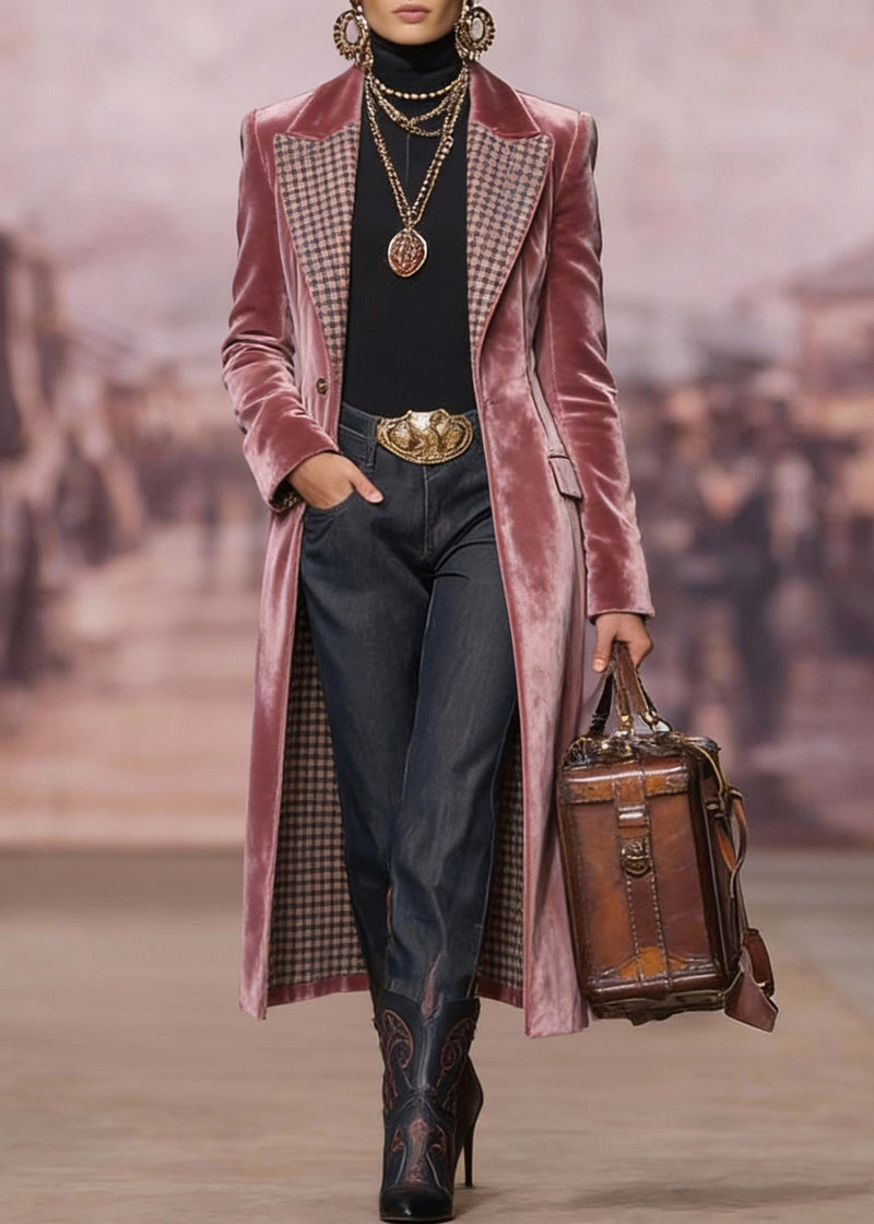 French Pink Peter Pan Collar Pockets Velvet Coats Spring