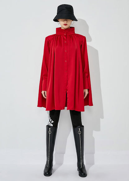 Red Stand Collar Oversized Wrinkled Silk Shirt Top Spring