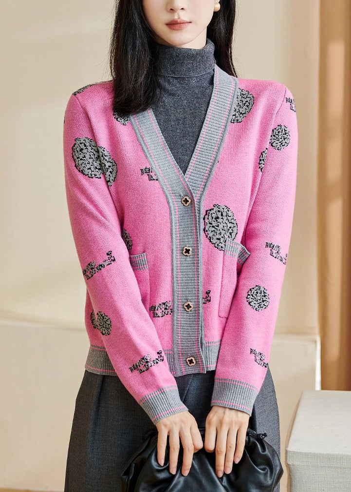 Pink Print Button Cotton Knit Cardigans Long Sleeve