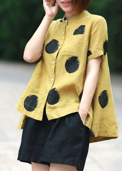 Red Dot Print Patchwork Linen Top Button Stand Collar Summer