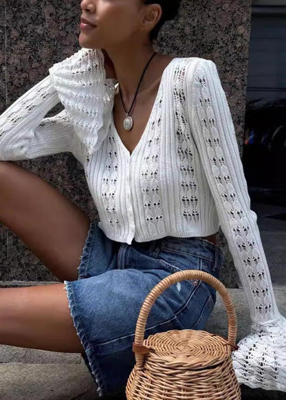 White Hollow Out Knit Shirts Flare Sleeve