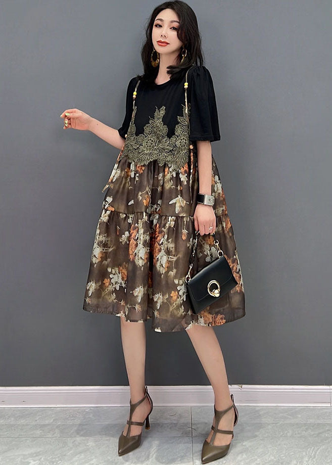 Unique Brown O-neck Embroideried Patchwork Print Mid Dress Short Sleeve