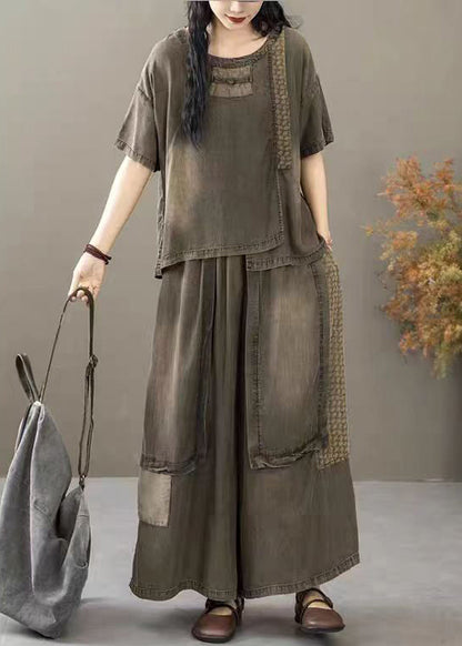 Khaki Elastic Waist Patchwork Denim Two Pieces Set O Neck Short Sleeve