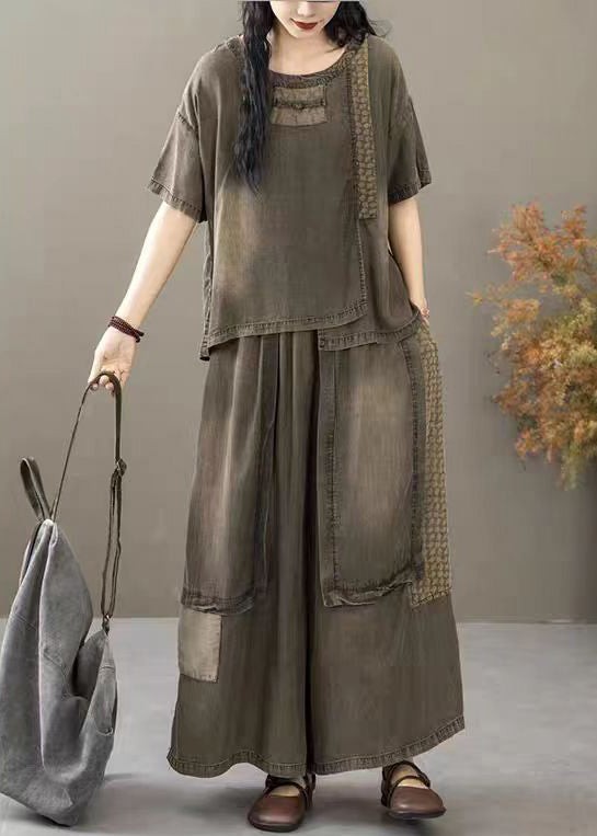 Khaki Elastic Waist Patchwork Denim Two Pieces Set O Neck Short Sleeve