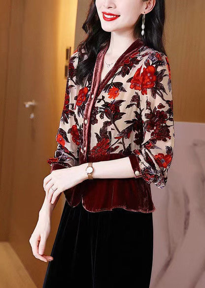 Brown V Neck Print Button Patchwork Velour Shirt Tops Fall