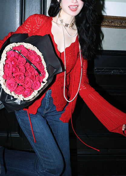 Red V Neck Tank and Cardigans Knit Two Pieces Set Fall