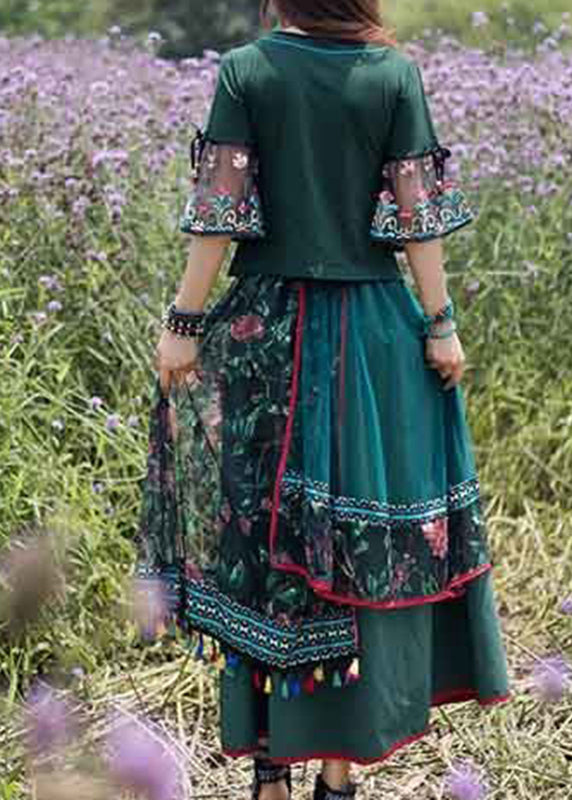 Green O-neck Top and Skirts Tulle Two Piece Set Summer