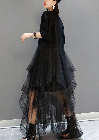 Black O-neck Print Half Sleeve Fall Dresses