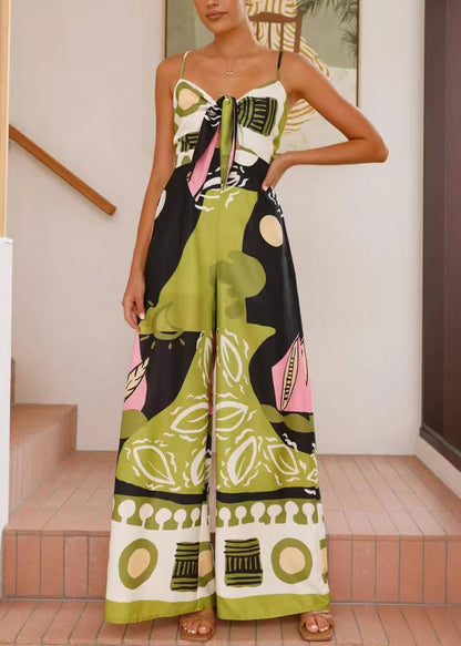 Green Print Zippered Pockets Cotton Wide Leg Jumpsuit Sleeveless