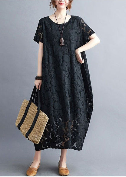 Black Lace a Line Dress O-neck Hollow Out Summer
