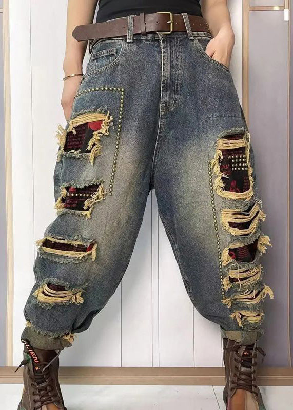 Blue Nail Bead Patchwork Sashes High Waist Ripped Jeans Summer