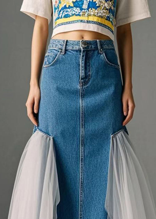 Blue High Waist Patchwork Tulle Denim Wraped Skirts Spring
