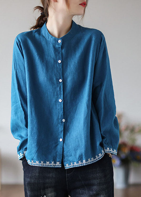 Organic Blue Loose Button Fall Long Sleeve Blouses