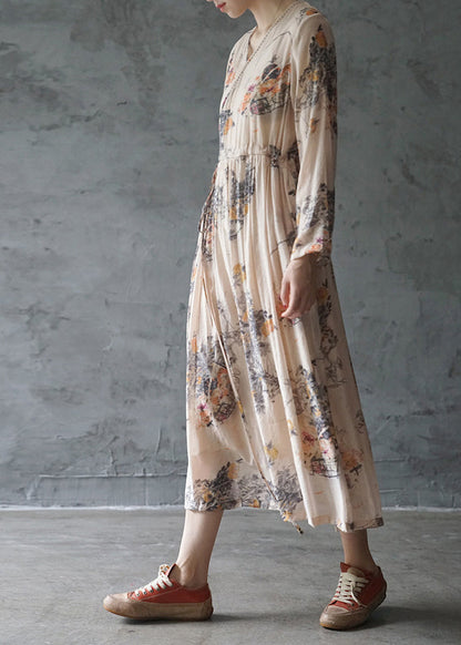Italian Orange Tie Waist V Neck Print Party Dress Long Sleeve