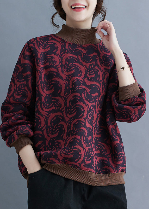 Mulberry Stand Collar Print Warm Fleece Pullover Spring