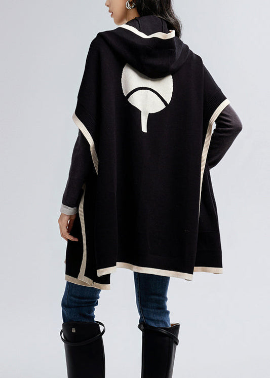 Black Hooded Pockets Knit Loose Cardigan Fall