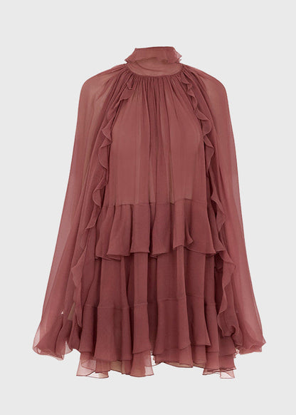 French Brick Red Ruffled Patchwork Chiffon Shirt Tops Spring