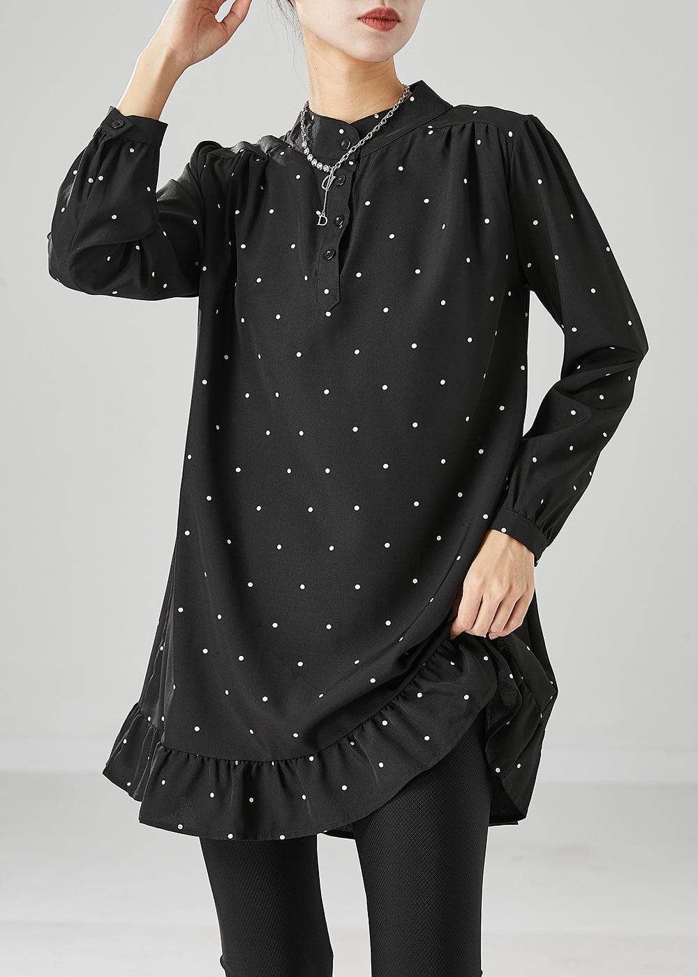 Black Dot Print Ruffles Cotton Mini Dresses Fall