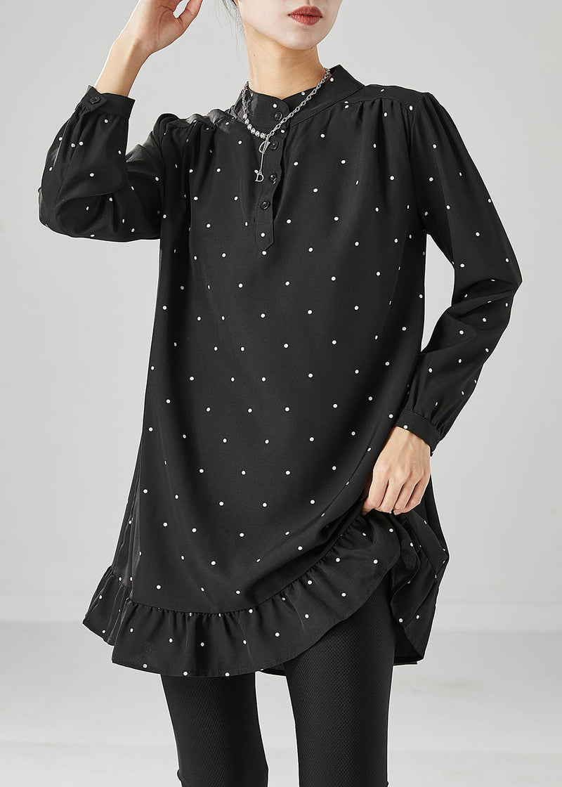 Black Dot Print Ruffles Cotton Mini Dresses Fall