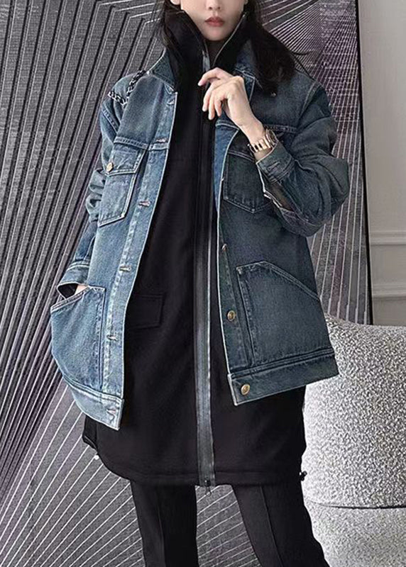 Blue Patchwork Button Denim Coat Long Sleeve Fall