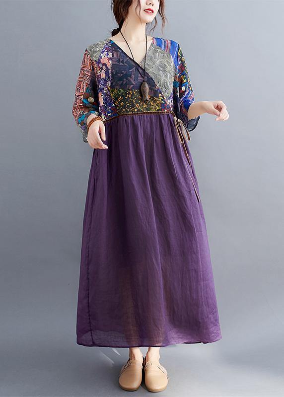 Simple Purple Print Tunic Pattern V Neck Tie Waist Loose Spring Dress
