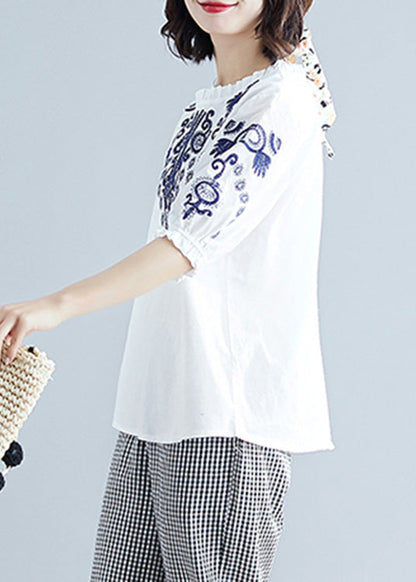 White Embroideried Cotton T Shirt Summer