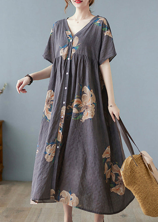 Grey Print Long Beach Dresses Short Sleeve