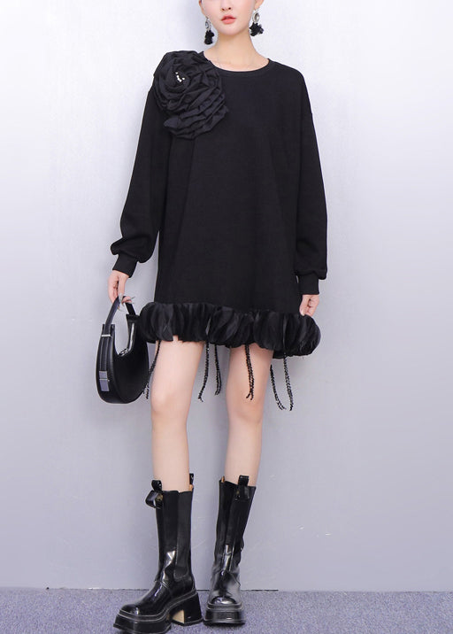 Black Tasseled Cotton Day Dress Spring