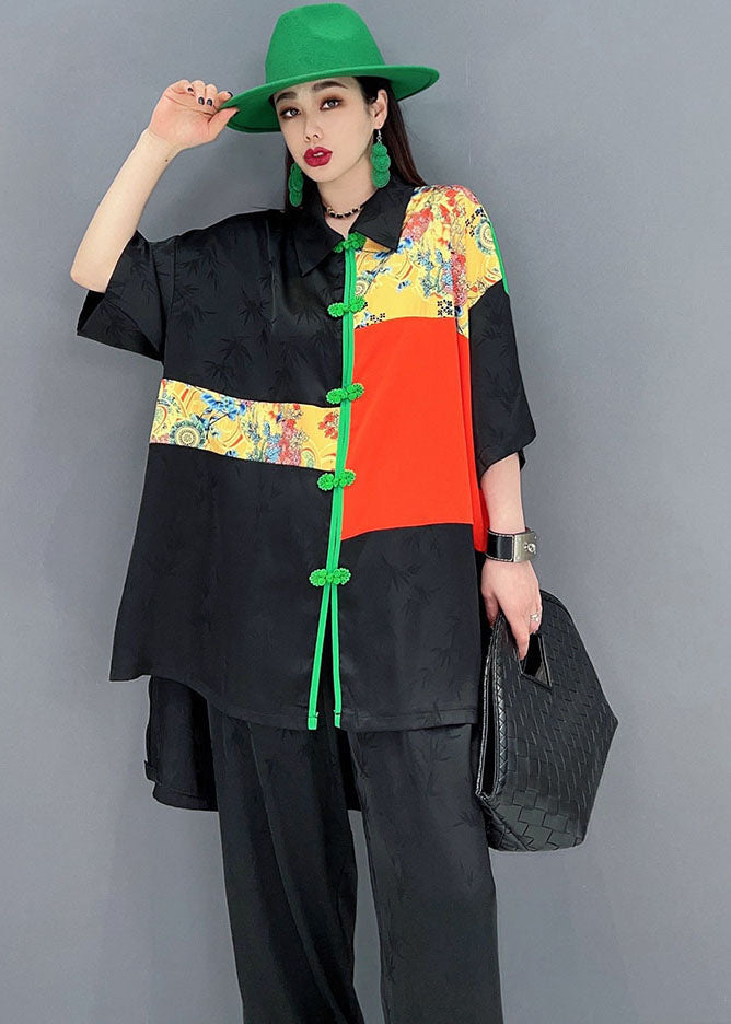 Black Patchwork Low High Design Jacquard Silk Two Pieces Set Summer