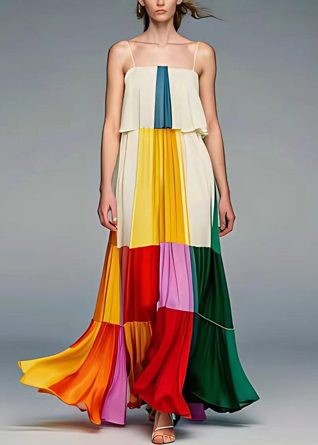 Beige Wrinkled Patchwork Silk Spaghetti Strap Dress Sleeveless