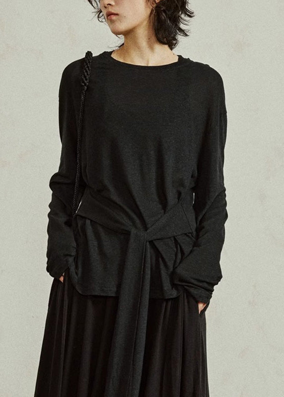 Black O-neck Tie Waist Tops Fall
