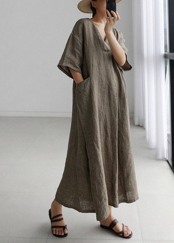 Grey Peter Pan Collar Pockets Linen Long Dresses Short Sleeve