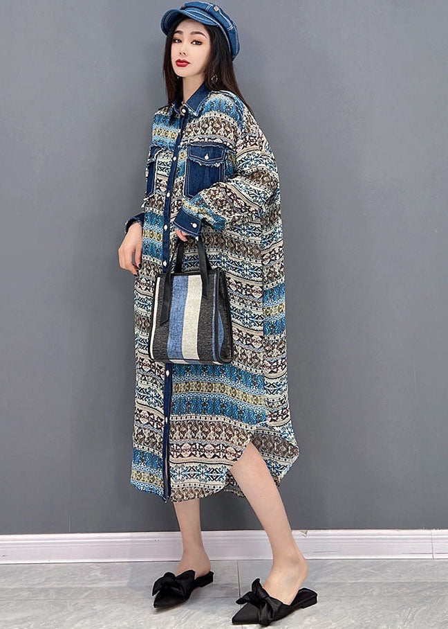 Blue Peter Pan Collar Denim Patchwork Chiffon Shirt Dress Long Sleeve