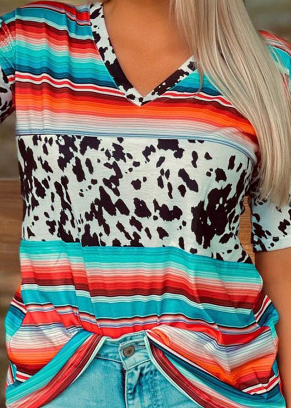 Sky Blue V Neck Patchwork Leopard Striped Print Tank Tops Short Sleeve