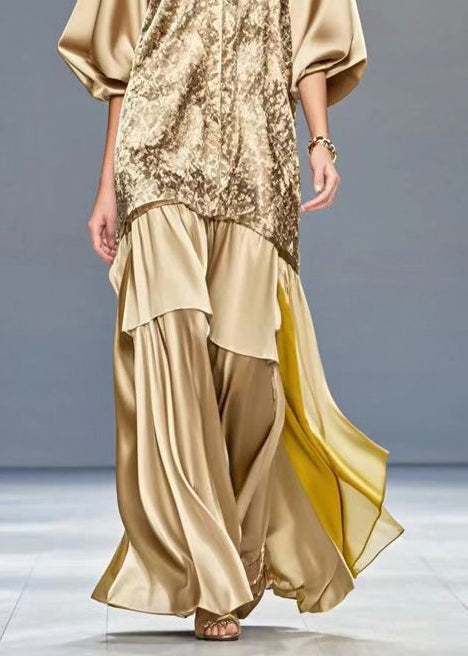 Golden V Neck Patchwork Print Silk Dress Summer