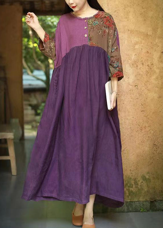 Purple Ruffled Wrinkled Cotton Dresses Half Sleeve