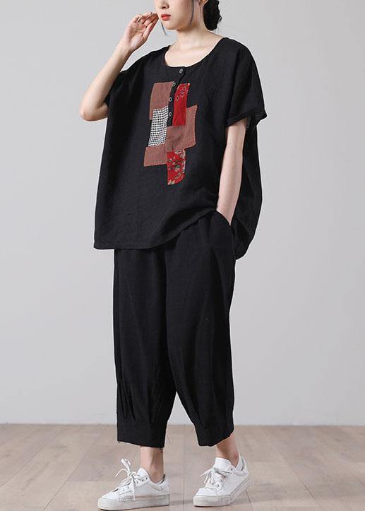 Black Patchwork Shirt Short Sleeve Cotton Linen