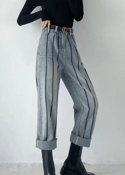 Blue High Waist Striped Patchwork Jeans Spring